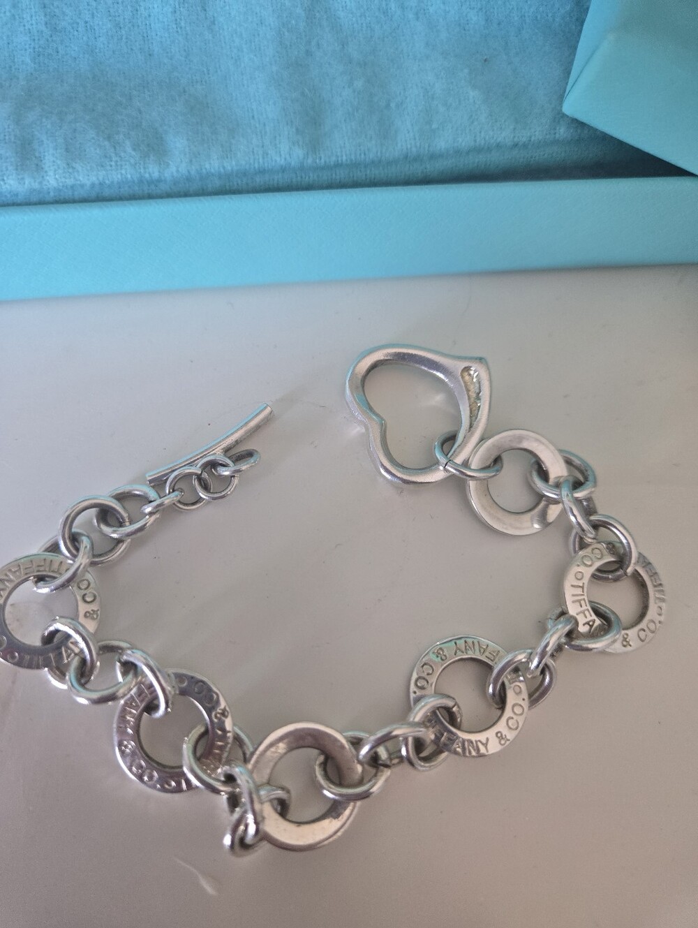 Silver Heart Toggle Link Bracelet - Blue Box